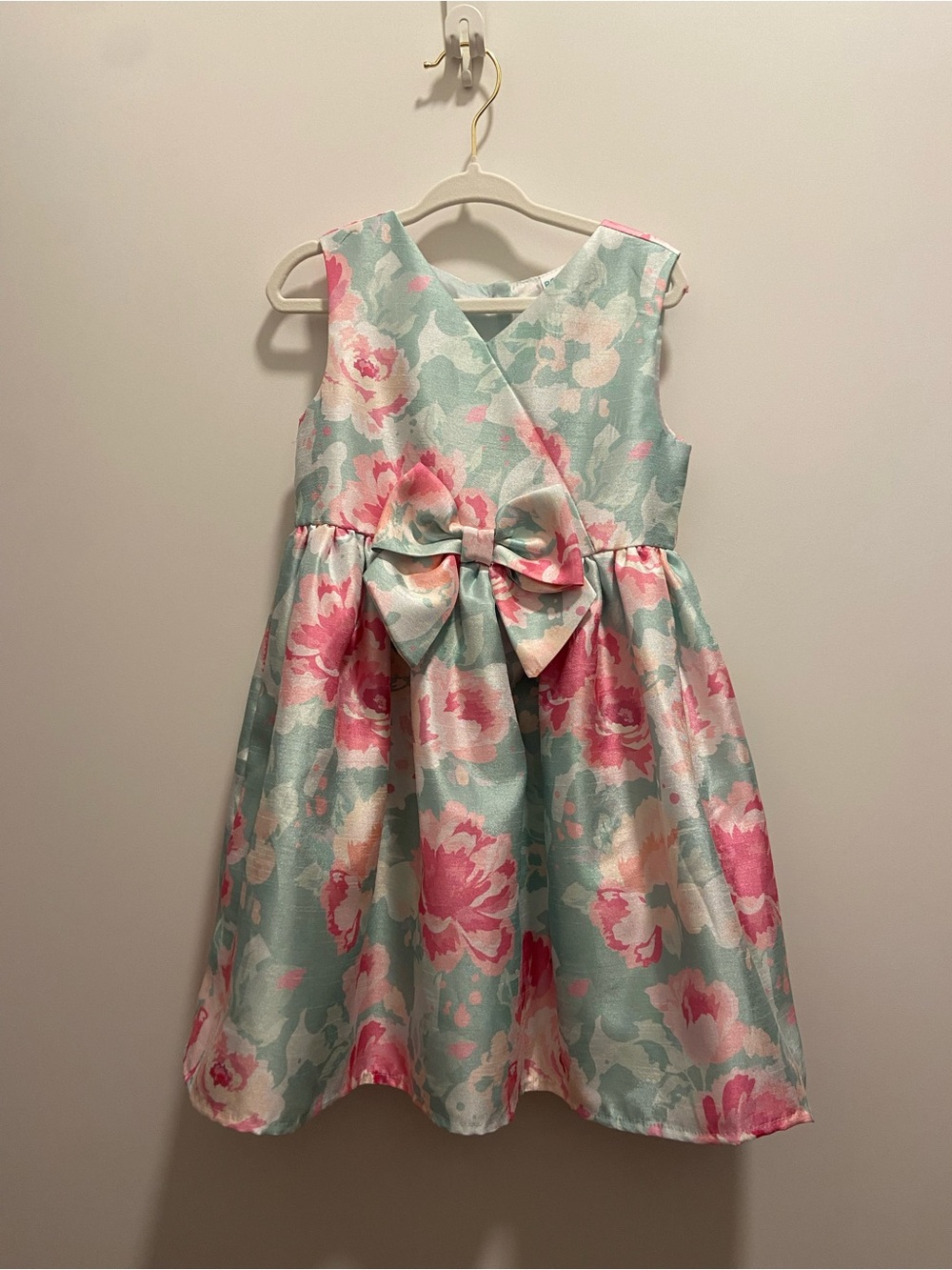Girls Floral Bow-Front Sleeveless Dress in Mint and Pink